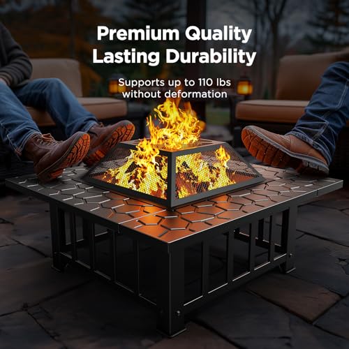 Ciays 32 inch Fire Pit 3-in-1 Multipurpose Outdoor Fire Pit Table with Spark Screen, 22-inch Fire Poker, Rain Cover for Camping, Backyard, Patio, CIFP01B