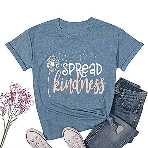 Spread Kindness T Shirt for Women Summer Dandelion Graphic Tees Casual Funny Sayings Letter Printed Cute Shirts Tops-Blue S