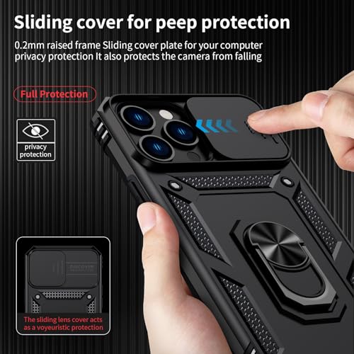 Vinve for iPhone 13 Pro Max Case with Slide Lens Cover, HD Screen Protector, Military Grade Drop Protection, Magnetic Rotated Ring Holder Kickstand Phone Case (Black)