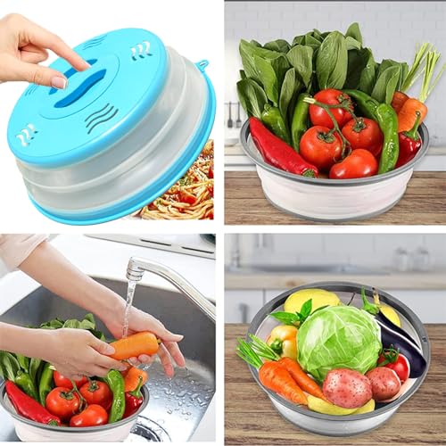 Microwave Splatter Cover Vented for Food, Splatter Guard & Colander Kitchen Gadget for Fruit Vegetables Microwave Plate Cover with Hook Hole,Dishwasher-Safe,BPA-Free Silicone & Plastic (Black)