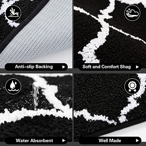 Carvapet 2 Pieces Microfiber Moroccan Trellis Non-Slip Soft Kitchen Mat Bath Rug Doormat Runner Carpet Set, 17"x48"+17"x24", Black