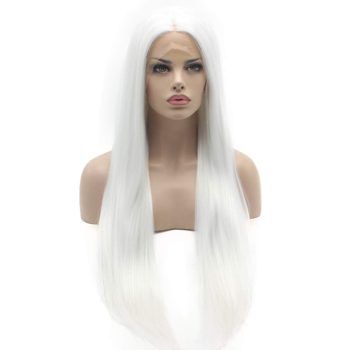 Lushy Straight Super Long White Wig Half Hand Tied Heat Resistant Heavy Density Synthetic Lace Front Wig