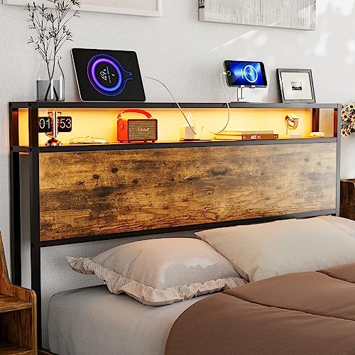 IKIFLY Full Size Storage Headboard with LED Lights & Charging Station - Industrial Metal and Wood Full Headboard Only for Bedroom, Attach Frame, Easy Assembly - Rustic Brown