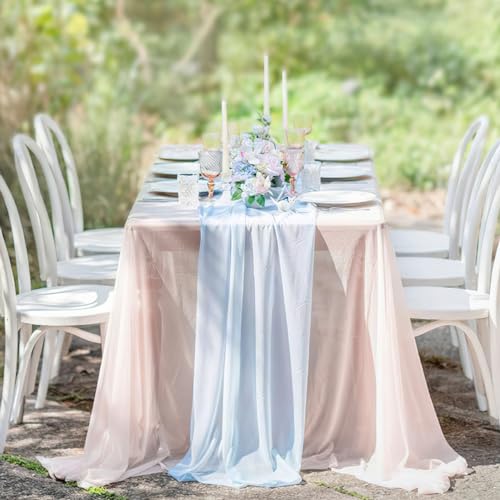 Chiffon Table Runner 27x120 Inches Baby Blue Sheer Fabric Long Table Runners for Wedding Birthday Party Easter Baby Bridal Shower Decorations 10ft