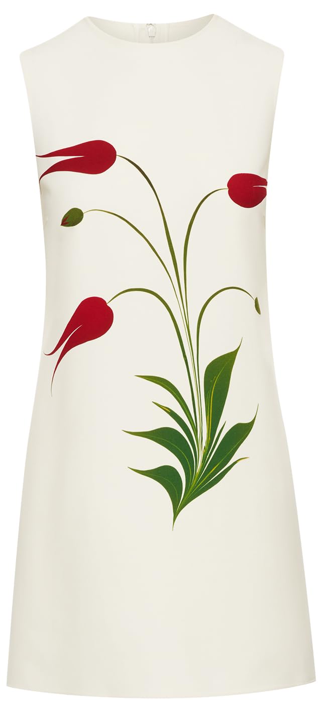 Oscar de la Renta, Marbled Tulip Shift Dress, Ivory/Red, 12