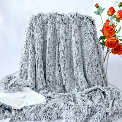 Luxurious Shaggy Throw Blanket, Faux Fur Furry Fuzzy Blanket, Long Pile Plush, Soft Fluffy Texture for Couch, Bed, Living Room Decor(63x79 Inches,Khaki)