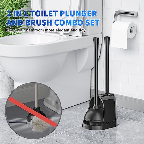 LOVLOY Toilet Plunger and Brush, Bowl Brush and Heavy Duty Toilet Plunger Set with Ventilated Holder, 2-in-1 Toilet Brush and Plunger Combo for Bathroom Cleaning (Black, 2 Set)