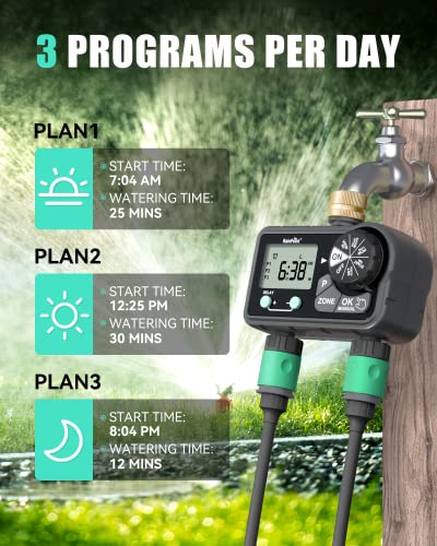 RAINPOINT Brass Sprinkler Timer 2 Stations, Large Digital Water Timer for Garden Hose with 6 Programmable Procedure, Hose Timer with Delay/Manual/Auto Irrigation Mode for Week/Specific/Daily Watering