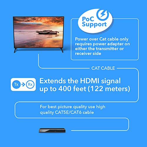 OREI 4K HDMI Extender Balun HDBaseT UltraHD 4K,60Hz 4:4:4 Over Single CAT5e/6/7 Cable with HDR, CEC & IR Control, RS-232 - Up to 400 Ft - Loop Out - Power Over Cable - Audio Out