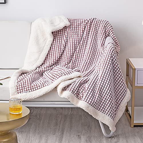 LOMAO Sherpa Blanket Throw Blanket Soft Warm Fleece Blanket Thick Blanket with Grid Pattern for Couch Sofa Bed Chair Home Decor (Brown, 51"x63")