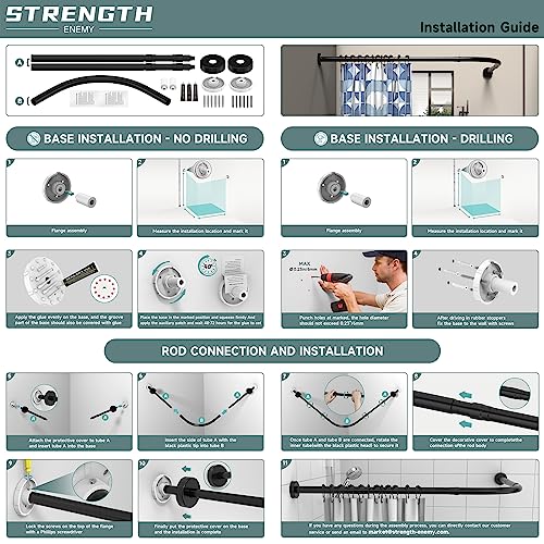 Shower Curtain Rod, L Shaped Black Shower Rods, Stainless Steel Corner Shower Rod 29-41 × 29-41 inch, Free 18 Rings, No Driilling Install, for Bathroom, Clothing Store, Private Space