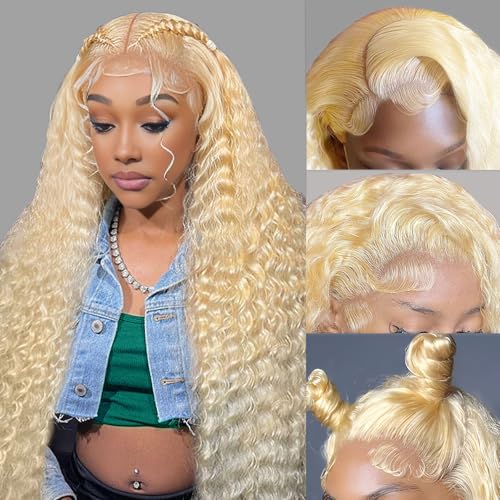 613 Lace Front Wig Human Hair Deep Wave 18 Inch Blonde Wig Human Hair 16A 13x4 HD Blonde 613 Deep Wave Lace Front Wigs Curly Glueless Wig Pre Plucked 180% Density Blonde Frontal Wig Deep Wave 613 Wig