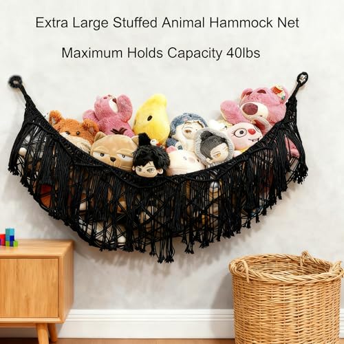 Stuffed Animal Hammock or Net With LED Lights Extra Large Wall Hanging Stuffed Animal Storage Nets for Teddy Bear Handmade Macrame Hanging Toy Net Hammock for Stuffed Animal Storage (Black)