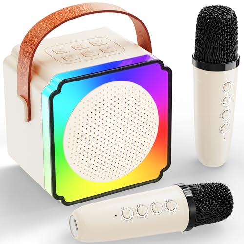 JYNSROU Mini Karaoke Machine with 2 Wireless Microphones, Portable Karaoke Machine with Bluetooth Speaker, Kids Karaoke Machine Toys Gifts for Girls 4,5,6,7,8,9,10 +Year Old Christmas Birthday (Beige)