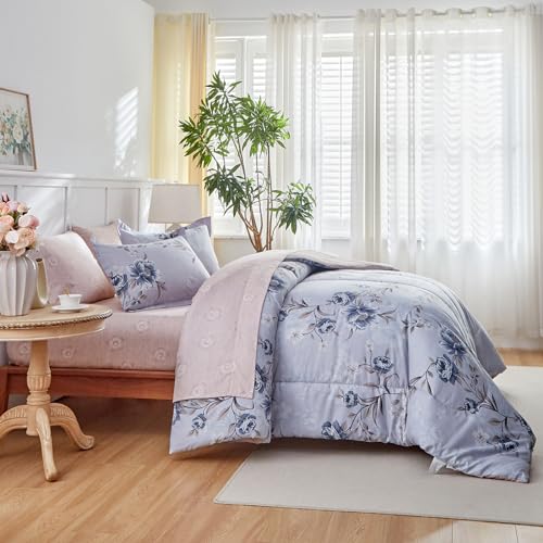 Flower Bed in a Bag 6 Pieces Twin size Blue Gray Floral Comforter Sheet Set Soft Microfiber Lightweight Summer Bed Set (1 Comforter 2 Pillow Shams 1 Flat Sheet 1 Fitted Sheet 1 Pillowcases)