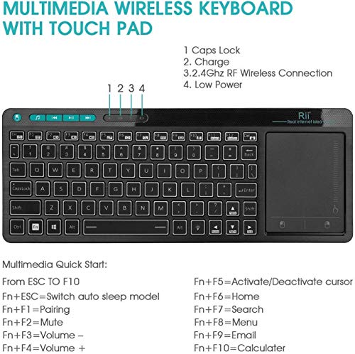 Rii K18 Plus Wireless 3-LED Color Backlit Multimedia Keyboard with Multi-Touch Big Size Trackpad,Rechargable Keyboard for Android TV Box,PC,Smart TV,Xbox,Raspberry Pi, HTPC IPTV,Windows, MacOS (2.4G)