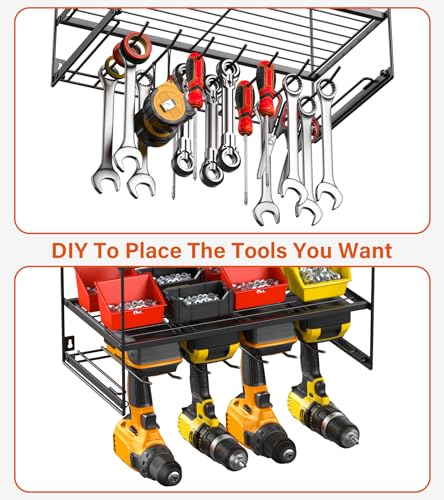 JUNNUJ Large Power Tool Organizer with 10 Outlet Power Strip, 3 Layer Wall Mount Drill Holder with Charging Station, 8 Drills Storage Shelf Shop Garage Utility Rack, Black