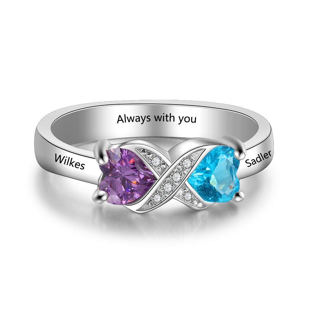 Personalized Infinity Mothers Ring with 2 Heart Simulated Birthstones Engagement Promise Rings for Women (9)