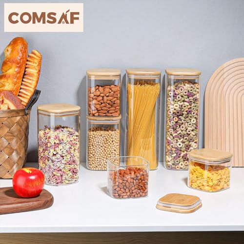 ComSaf 44oz Glass Storage Containers with Lids, Glass Jars with Lids, Clear Food Storage Jar, Square Glass Canister Set of 3, Pantry Organizers and Storage for Flour Oat Pasta Tea Cookie Coffee Bean