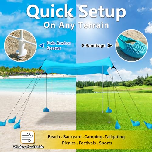 Beach Tent, Camping Tent UPF50+ with 8 Sandbags, Beach Essentials for 6-12 Persons, Beach Shade Canopy with Stability Poles and Big Ground Pegs, Pop Up Canopy for Camping, Picnics, 10X10FT Blue