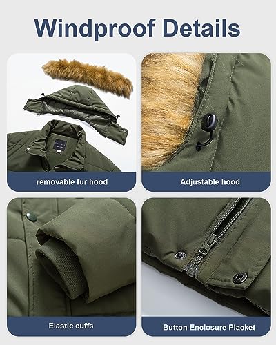 CREATMO US Big and Tall Winter Coats for Men Puffer Jacket Men's Hooded Coat Warm Thicken Cotton with Removable Hood Parka Army Green 2X