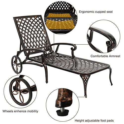 VINGLI Cast Aluminum Outdoor Chaise Lounge Chair with Wheels, Patio Chaise Lounge with 3-Position Adjustable Backrest, Outdoor Tanning Chair Patio Lounge Chaires (Bronze, with Cushion)