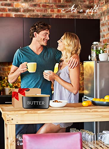 AISBUGUR Butter Dish with lid Ceramics Butter Keeper Container with Knife and High- quality Silicone Sealing Butter Dishes with Covers Good Kitchen Gift, Set of 2, Black