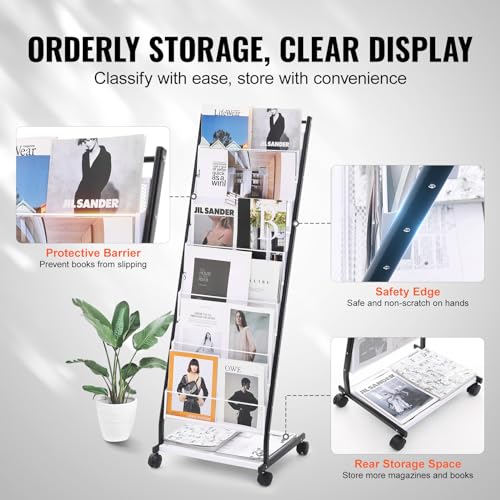 VEVOR Brochure Display Rack, 6-Tier Magazine Literature Display Stand, Floor Standing Magazine Rack Newspaper Catalog Holders, Movable with 4 Wheels (2 Lockable) for Shop Exhibitions Office, 6 Pockets