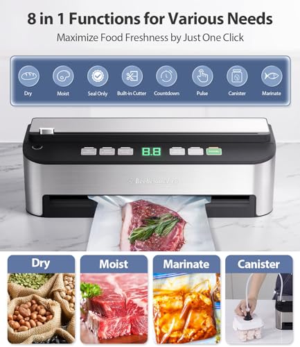 Vacuum Sealer Machine, Beelicious® 85KPA Fully Automatic 8-IN-1 Food Sealer with Bags Storage, Build-in Cutter, Moist Mode and Air Suction Hose | Digital Countdown | Sous Vide