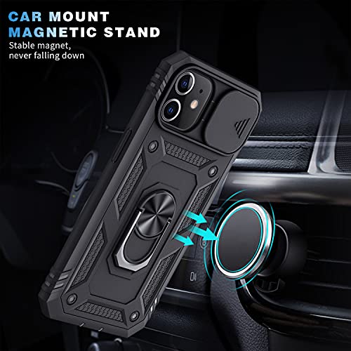 PASNEW for iPhone 11 Case with Camera Cover,Magnetic Ring Kickstand & Charge Port Dustproof,Military Full Body Rugged Shockproof Protective Hard Shell for iPhone 11,6.1 inch,Black