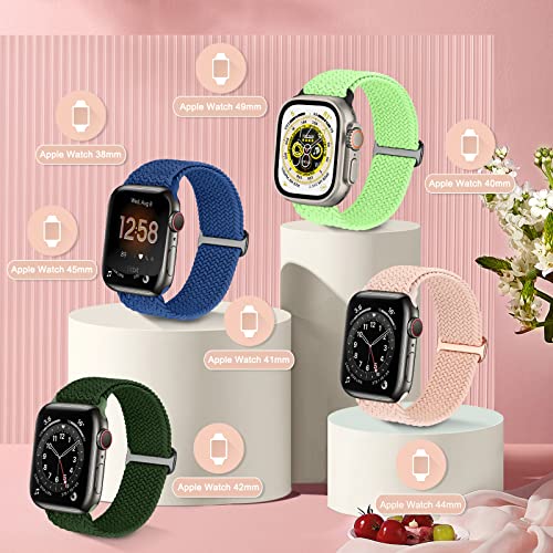 URU Shield 5 Pack Adjustbale Watch Bands Compatible With Soft Stretchy Apple Watch 38mm 40mm 41mm 42mm 44mm 45mm 49mm,Nylon Braided Solo Loop Wristband for iWatch Series Ultra/1/2/3/4/5/6/7/8/SE Women