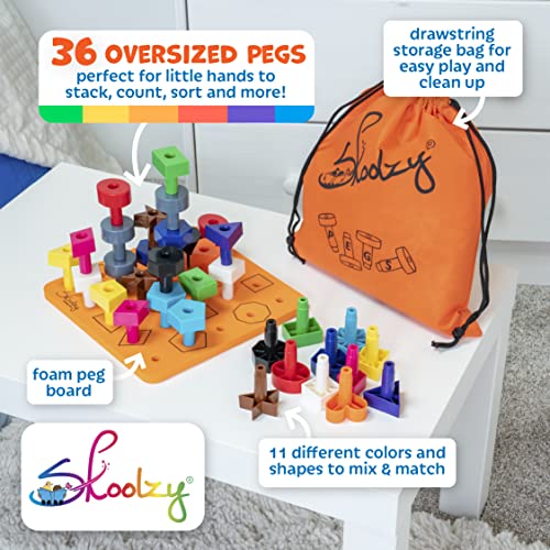 Skoolzy Toddler Peg Board 38 pcs with ebook - Pegboard for Toddlers - Stacking Peg Board - Color Matching & Shape Recognition Toy for Toddlers 3+