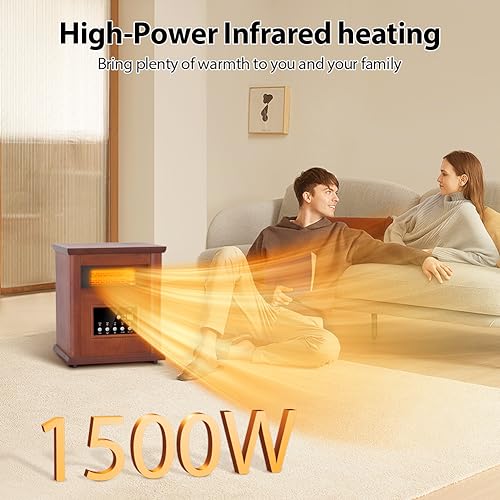 LifePlus Electric Infrared Space Heaters for Indoor Room Use, 1500W Box Space Heater with Wood Frame, Remote Control and Timer, Multiple Security Protections, Nice for Living Room Home Office