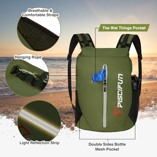 Piscifun Dry Bag Waterproof, Floating Dry Backpack, Lightweight Waterproof Dry Bag with Waist Pouch and Phone Case for Kayaking, Camping, Beach, Boating & Swimming for Men & Women Army Green 10L