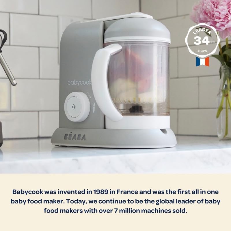 BEABA Babycook Solo 4 in 1 Baby Food Maker, Puree Steamer and Blender for Purees, Grinder with Auto Steam Cooking, Lrg Capacity 4.5 Cups 27 Servings in 20 Mins, Charcoal