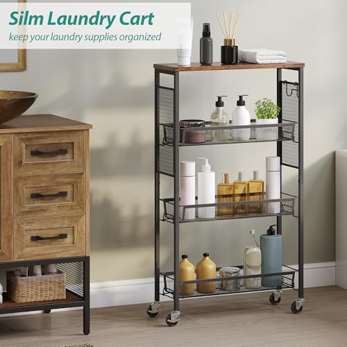 YITAHOME 4-Tier Slim Kitchen Storage Cart, Rolling Spice Rack Next to Fridge, 7.3“ Inch Deep Kitchen Trolley with Wheels, Wood Tabletop & Wire Mesh Baskets, Mobile Narrow Shelf, Black