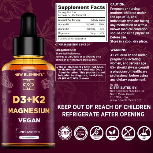 Liquid Vitamin D3 K2 10000IU with Magnesium Glycinate 5mg | VIT D3 K2 Drops for Adults | Mk7 Vitamin K2 100mcg | Vitamin D3 + K2 Supplement for Men & Women | Gluten Free | Non-GMO