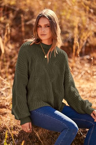 PRETTYGARDEN Women's Fall Oversized Pullover Sweaters Casual Crewneck Long Sleeve Chunky Cable Knit Blouse Top (Army Green,Small)