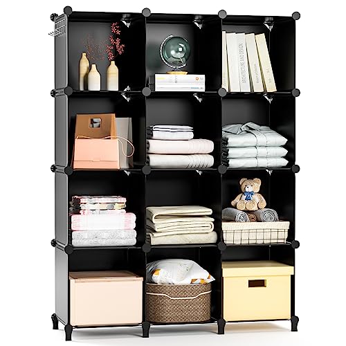 Neprock Cube Shelves, 12 Cubby Storage Organizer,DIY Closet Organizers and Storage Shelves for Bedroom,Stackable Closet Shelves for Clothing Storage,Book Shelf Toy Organizers and Storage, Black