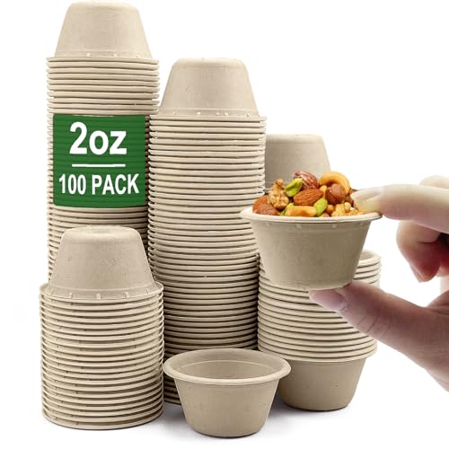 CAMKYDE 2 oz Disposable Bagasse Fiber Souffle Cups 100pk, 100% Natural Biodegradable Compostable Condiment Cups Sample Cup Tasting Cup (Natural, Pack of 100)