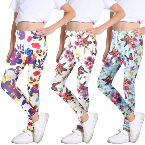 boruizhen 3 Pack Girls Printed Leggings Toddler Stretchy Ankle Length Pants Leggings for Kids in 2t to 11 Years