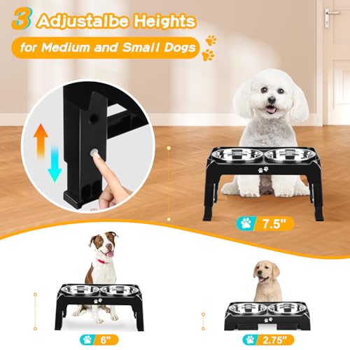 Elevated Dog Bowls for Small Medium Dogs 3 Height Adjustable Raised Dog Bowl Stand with 2 Thick 6" Stainless Steel Dog Food Bowls Non-Slip Dog Feeder Adjusts to 2.75", 6", 7.5", Black