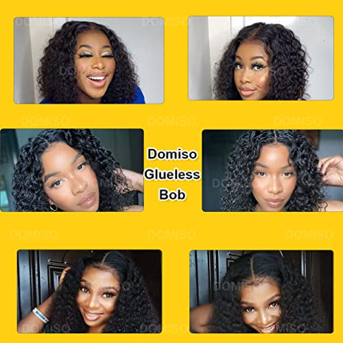 Domiso Wear and Go Glueless Wigs Deep Wave Bob Human Hair Lace Wigs Pre Cut No Glue for Black Women Pre Plucked Hairline 12 Inch