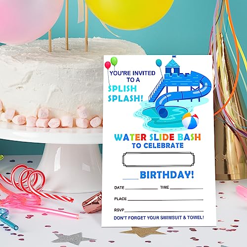 Water Slide Birthday Invitations for Boys Girls with Envelopes, Bash Invites for Birthday Pool Party Waterslide, Splish Splash Summer Birthday Party Invitations Cards, Splish Splash, 4"x6" Set of 20