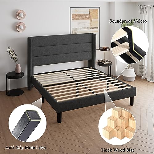 Feonase Queen Bed Frame, Upholstered Platform Bed Wingback, Wood Slats Support, No Box Spring Needed, Easy Assembly, Noise-Free, Dark Gray