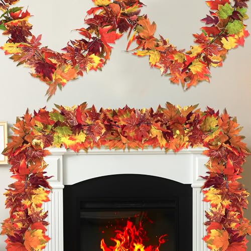 2 PCS Fall Decor, 11.8FT Fall Garland for Mantle, Fall Decorations for Home, Fall Leaves Garland, Thanksgiving Decorations Indoor, Halloween Autumn Maples Leaf Garland for Autumn Decor Wedding Party