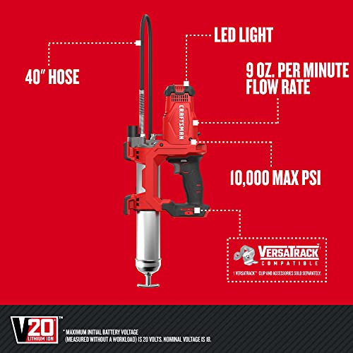 CRAFTSMAN V20 Grease Gun, Cordless, 40" Hose, 10,000 Max PSI, Bare Tool Only (CMCGG001B)