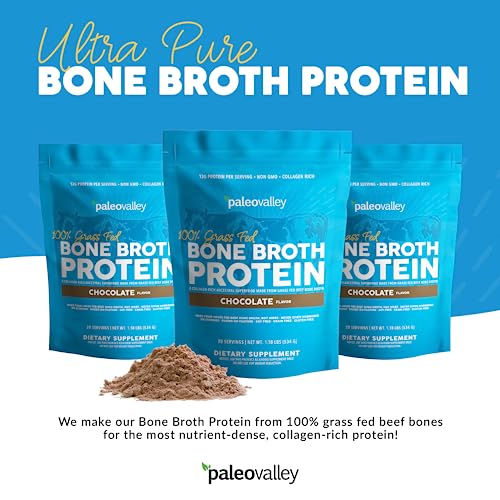 Paleovalley 100% Grass Fed Bone Broth Protein Powder - Chocolate - Rich in Collagen for Hair, Skin, Gut Health, Bone and Joint Support - 28 Servings