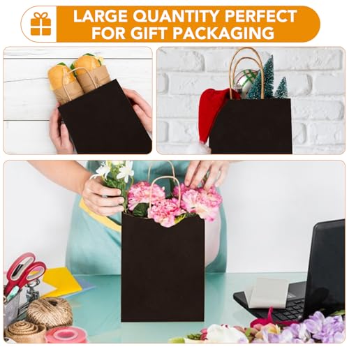 XPCARE 100Pcs Paper Gift Bags 5.25x3.25x8.25'', Small Paper Bags with Handles Bulk, Kraft Paper Bags for Birthday Party Favors, Shopping, Retail（Black）