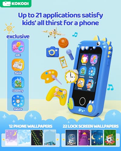 KOKODI Kids Smart Phone Toys, Touchscreen HD Dual Camera Cell Phone for Kids, Birthday Gifts Dinosaur Toddler Play Phone for Boys 3-10, Travel Toy Preschool Learning Toy for Kids with 8GB SD Card